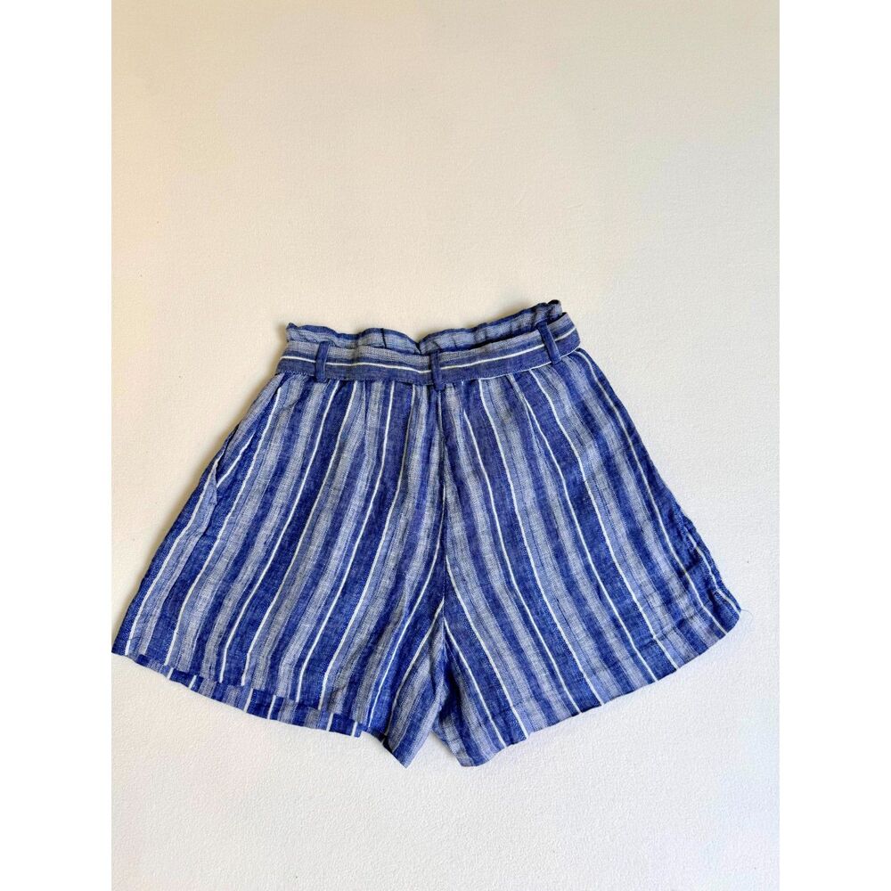 H&M Women’s Size 6 Blue White Striped Linen Blend Paperbag Belted Shorts - Picture 11 of 14